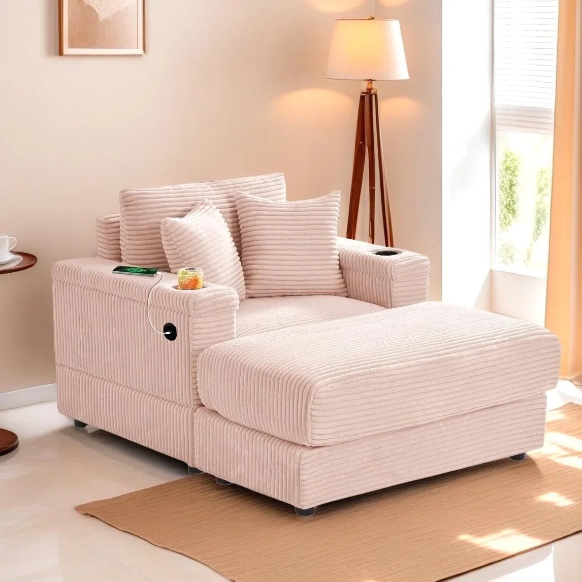 Wiilayok Oversized Lounge Chair Indoor,54" Corduroy Cloud Chaise Lounge Couch Indoor with Ottoman,Cup Holder for Living Room,Bedroom,Beige