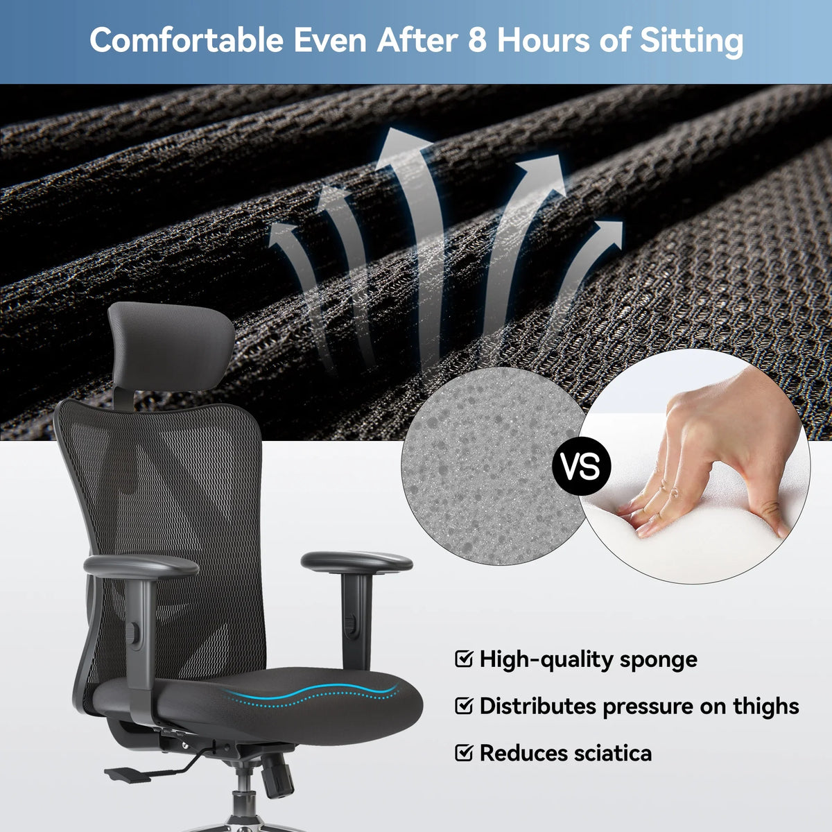 SIHOO M18 Mesh Ergonomic Office Chair with Adjustable Lumbar Support, High Back, Black