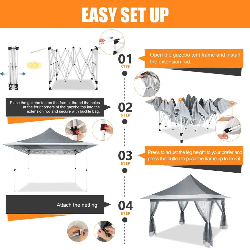 HOTEEL 12x12 Outdoor Pop-up Gazebo Canopy with Mosquito Netting 2-Tiered Vented Top 3 Adjustable Height for Backyard, Garden, Lawn,Light Grey