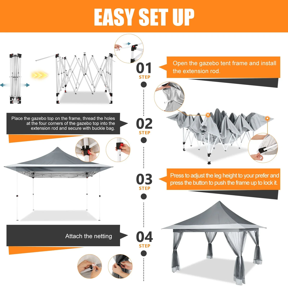 HOTEEL 12x12 Outdoor Pop-up Gazebo Canopy with Mosquito Netting 2-Tiered Vented Top 3 Adjustable Height for Backyard, Garden, Lawn,Light Grey