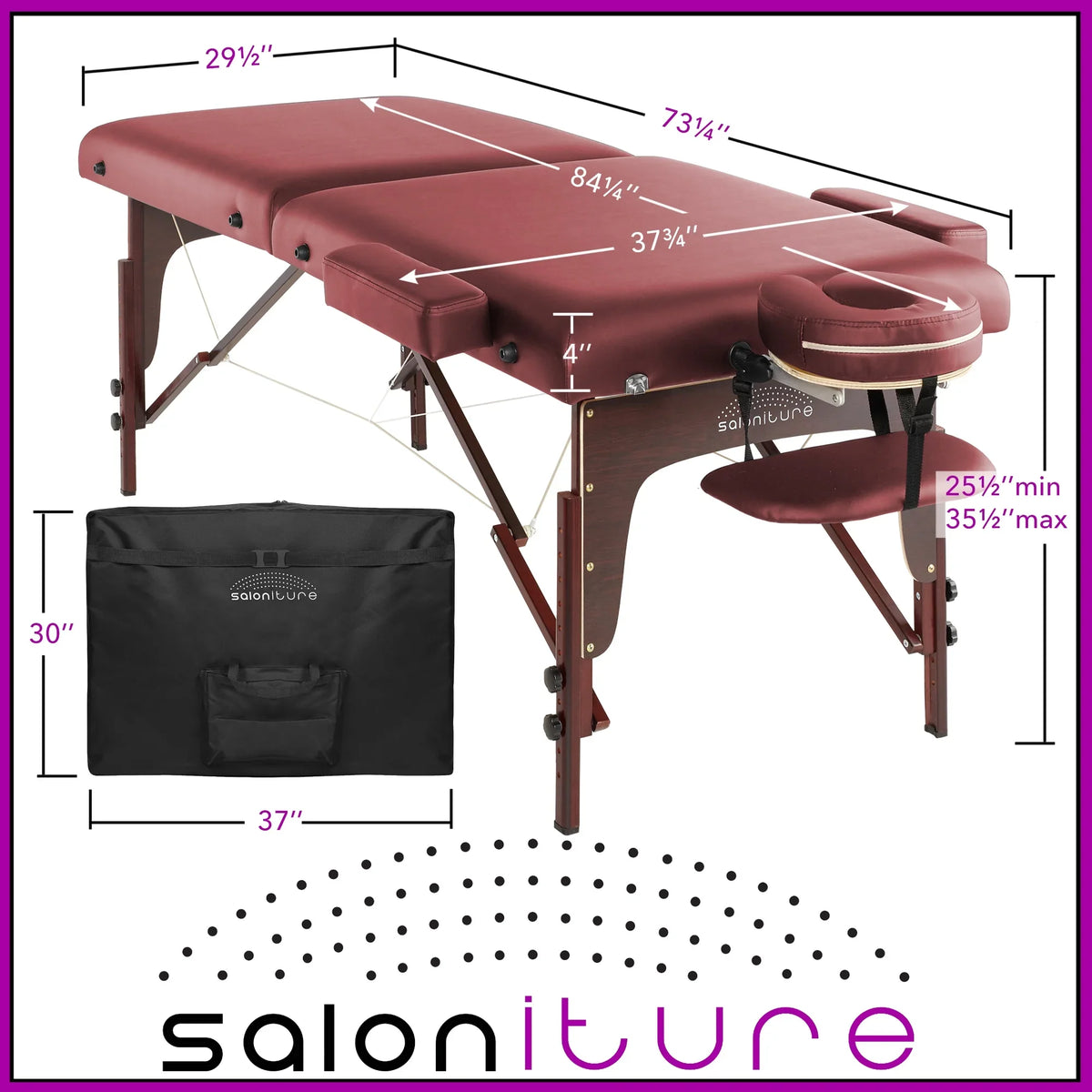 Saloniture Professional Portable Lightweight Bi-Fold Memory Foam Massage Table with Reiki Panels - Includes Headrest, Face Cradle, Armrests and Carrying Case - Burgundy