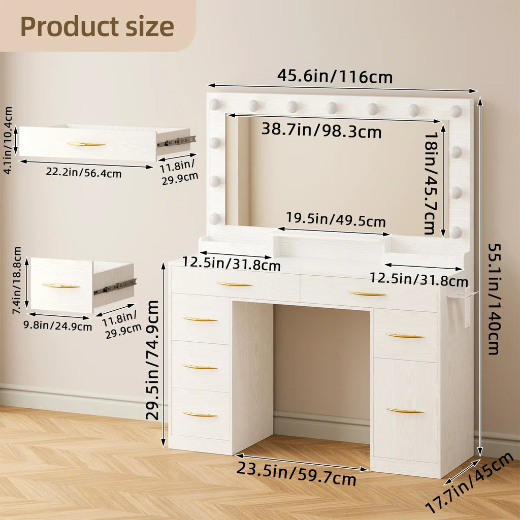 Tomnk woo White Makeup Vanity Desk with Large Mirror, Adjustable Lights, Storage Drawers & Power Outlets
