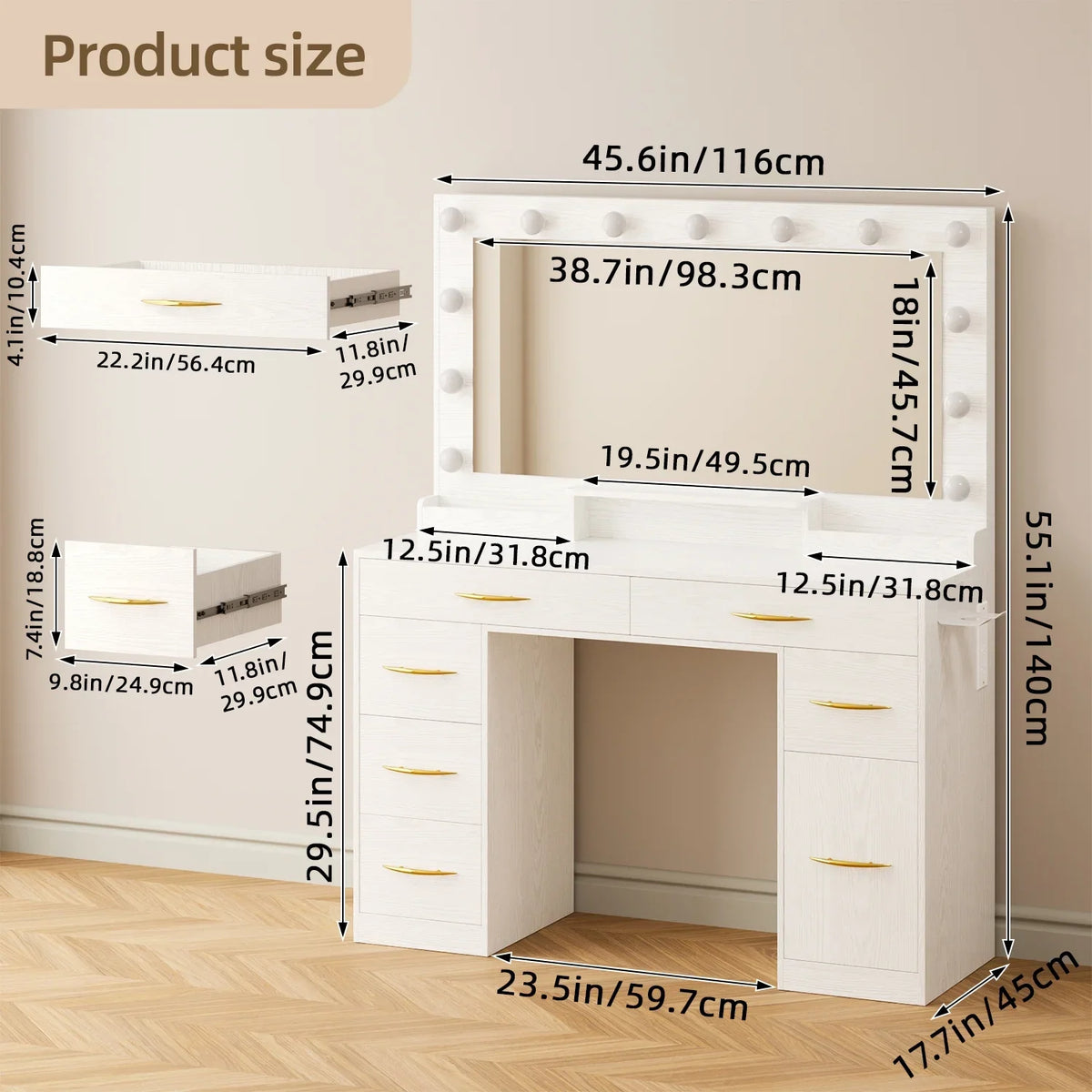 Tomnk woo White Makeup Vanity Desk with Large Mirror, Adjustable Lights, Storage Drawers & Power Outlets