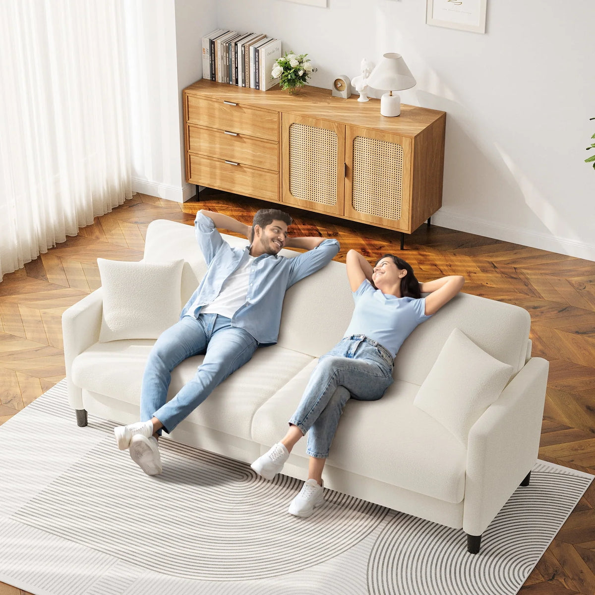 83" Comfortable Upholstered Sofa, 3 Seater Couch for Living Room, Neche Big Loveseat with Extra Deep Seats, 2 Pillows, Beige White