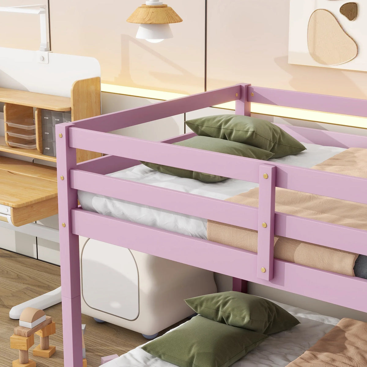 Twin Over Twin Floor Bunk Bed, UHOMEPRO Solid Wood Low Bunk Bed with Safety Rail, Ladder, Heavy Duty Bunk Beds, Space-Saving Bedroom Dorm Furniture, Gray