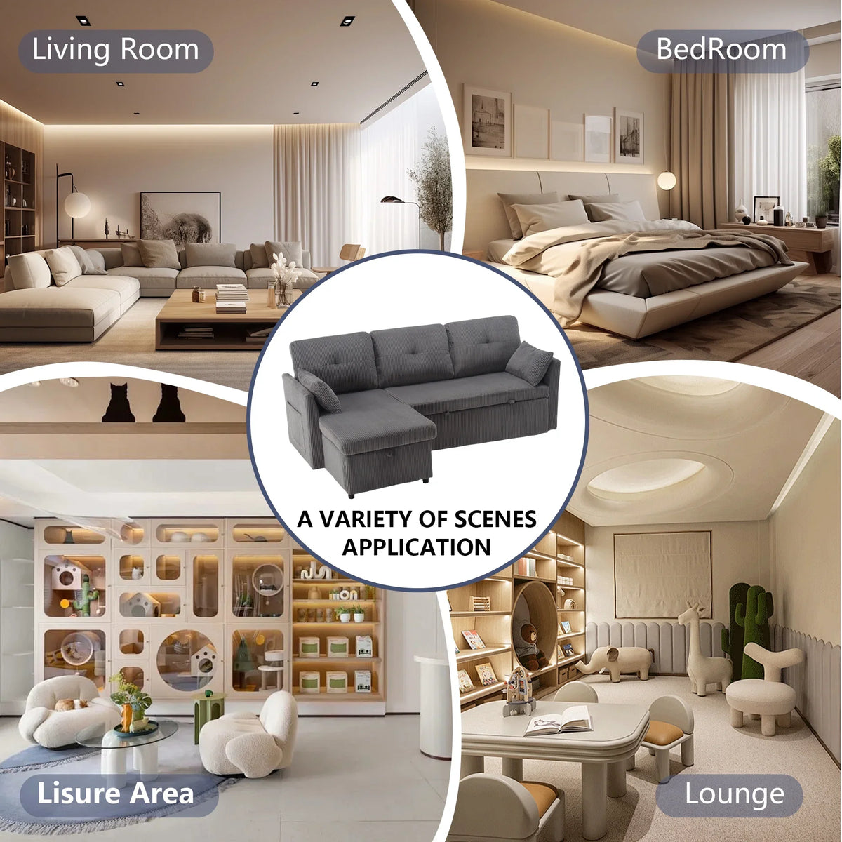 Villeston L-Shaped 3-Seat Sofa with Pull-Out Bed, with Storage Chaise Couch for Living Room, Chenille Fabric,Olive