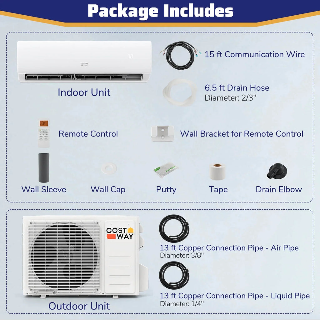Costway 11500 BTU Wifi Enabled Mini Split Air Conditioner & Heater Works with Alexa 750 Sq.Ft 17 SEER2 115V