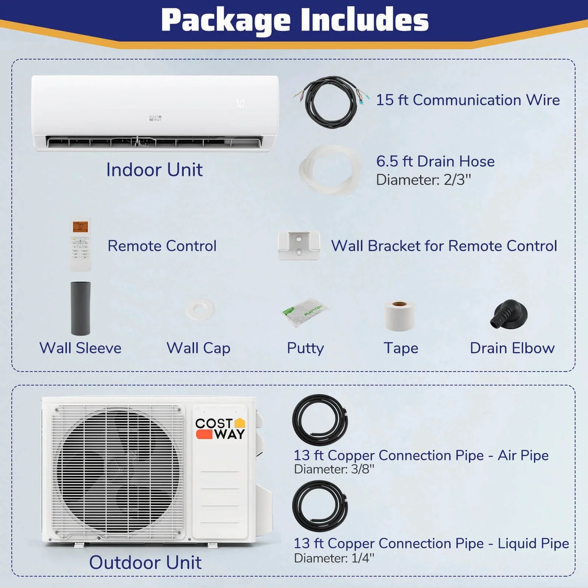 Costway 11500 BTU Wifi Enabled Mini Split Air Conditioner & Heater Works with Alexa 750 Sq.Ft 17 SEER2 115V