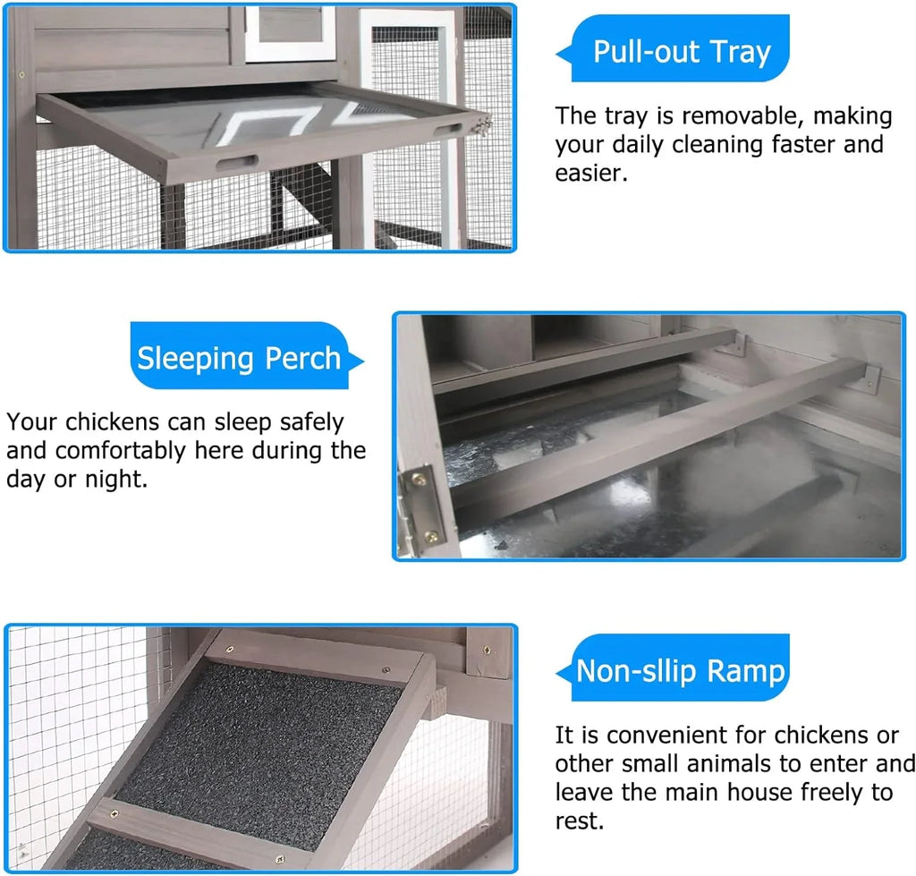 PETSCOSSET Chicken Coop with Run Large Wooden Chicken Tractor with Wheels Waterproof Outdoor Hen House Poultry Cage, Gray