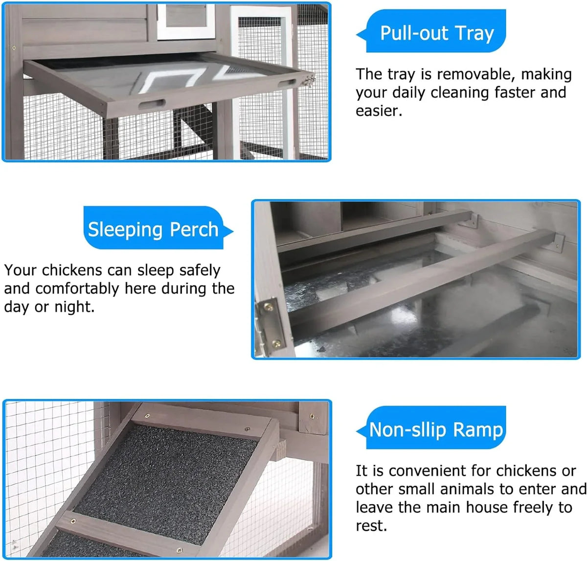 PETSCOSSET Chicken Coop with Run Large Wooden Chicken Tractor with Wheels Waterproof Outdoor Hen House Poultry Cage, Gray
