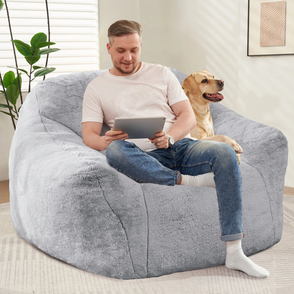 HOMGUAVA Giant Bean Bag Chair for Adults & Kids, Oversized Lounger Couch Large Lazy Chair w/ Stuffed Memory Foam & Wide Armrests, Light Gray