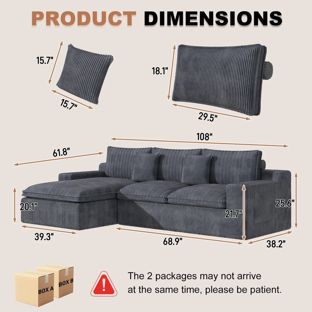 108" Modular Sectional Sofa, Cloud Sectional Couch with Deep Seat, Modern Modular L-Shape Sofa Couch with Chaise,Upholstered Couches for Living Room Bedroom