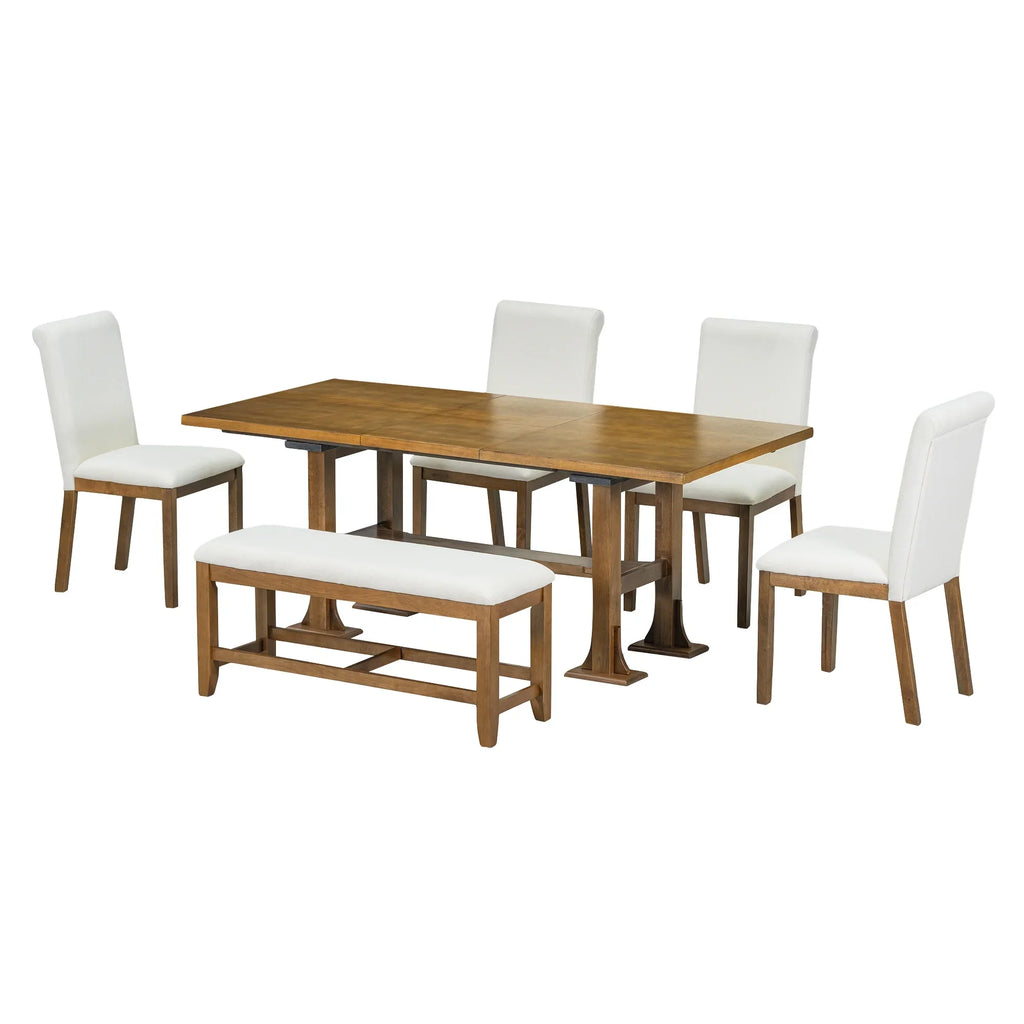 6 Piece Extendable Dining Table Set, Atumon Wood Dining Room Set for 6, Dining Table Set with 4 Cushioned Chairs and Bench, Farmhouse Dining Table Set Furniture for Kitchen Dining Room, Dark Brown