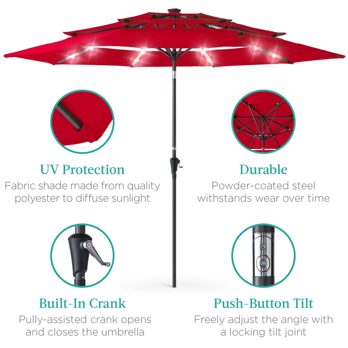 Best Choice Products 10ft 3-Tier Solar Patio Umbrella w/ 24 LED Lights, Tilt Adjustment, Easy Crank - Tan