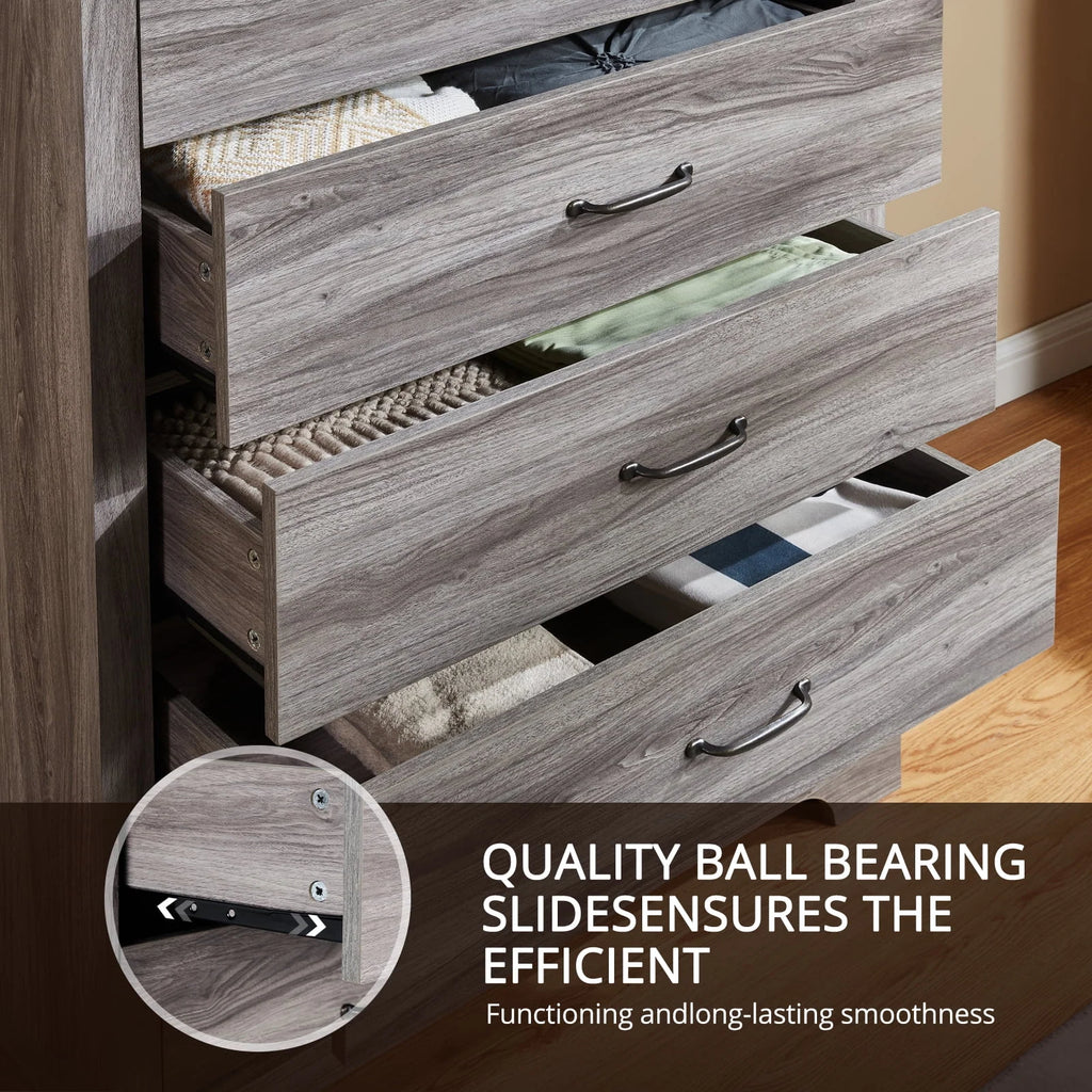 CHITOOMA 5 Drawer Dressers for Bedroom, Adult Tall Wooden Chest of Drawers, Storage Cabine for Living Room Entryway, Gray