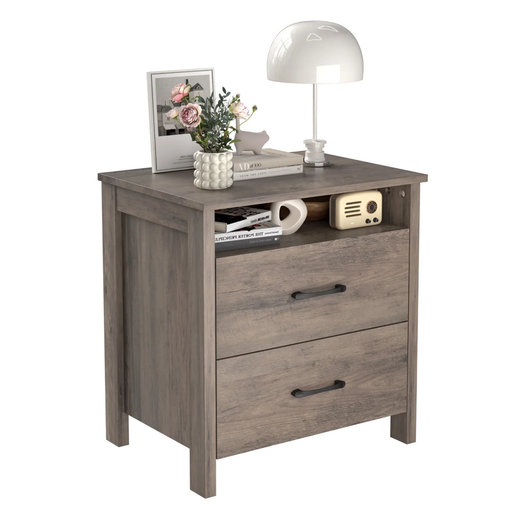 Farmhouse Nightstand with 2 Drawers, Rustic Grey Bedside Table with Open Shelf, Wooden Side End Table for Bedroom