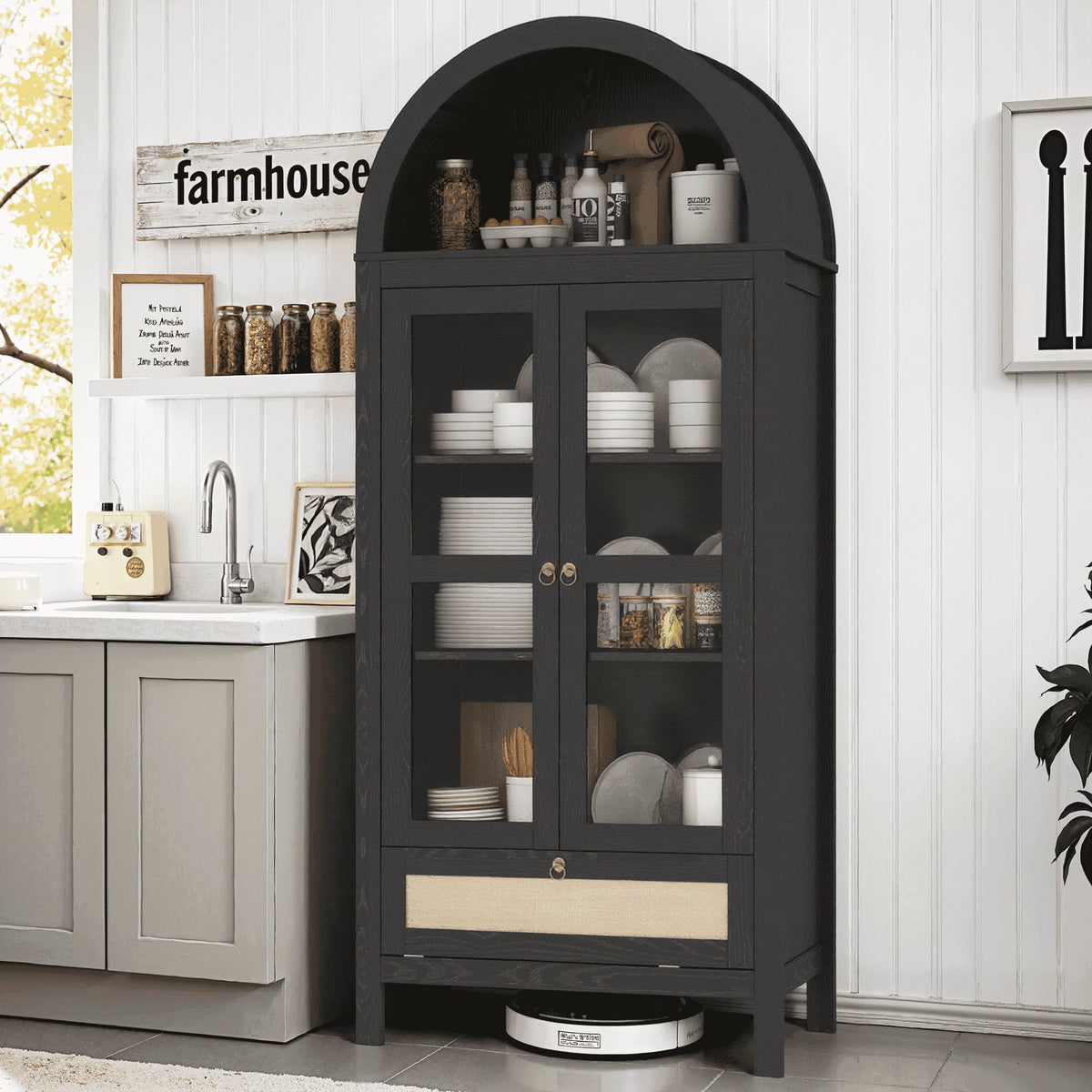 LAZZO 73-Inch Tall Arched Kitchen Pantry Storage Cabinet, 2 Doors, Brown