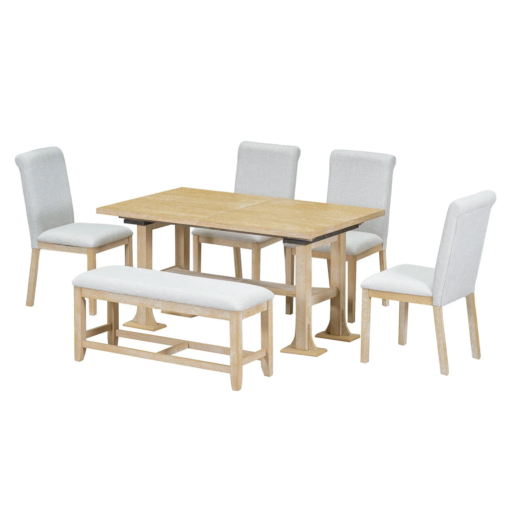 6 Piece Extendable Dining Table Set, Atumon Wood Dining Room Set for 6, Dining Table Set with 4 Cushioned Chairs and Bench, Farmhouse Dining Table Set Furniture for Kitchen Dining Room, Dark Brown