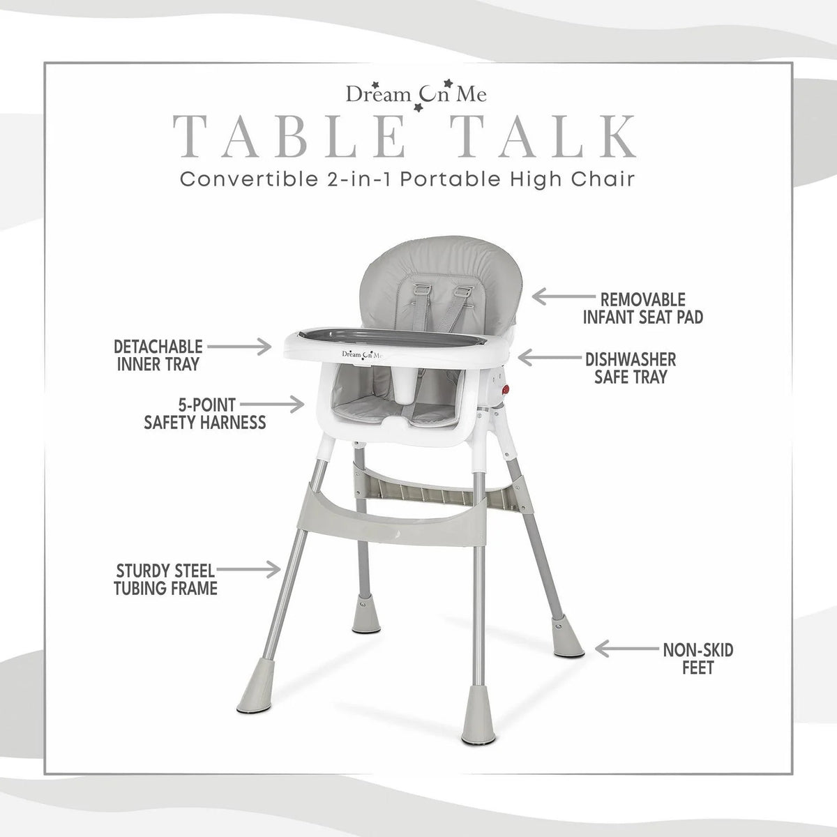 Dream On Me Portable 2-In-1 Table Talk High Chair. Gray