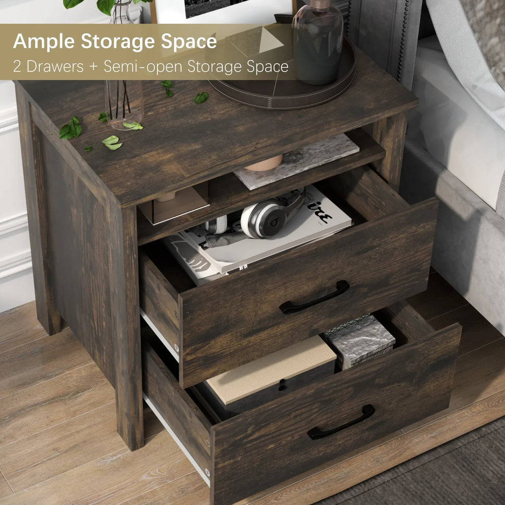 Farmhouse Nightstand with 2 Drawers, Rustic Grey Bedside Table with Open Shelf, Wooden Side End Table for Bedroom