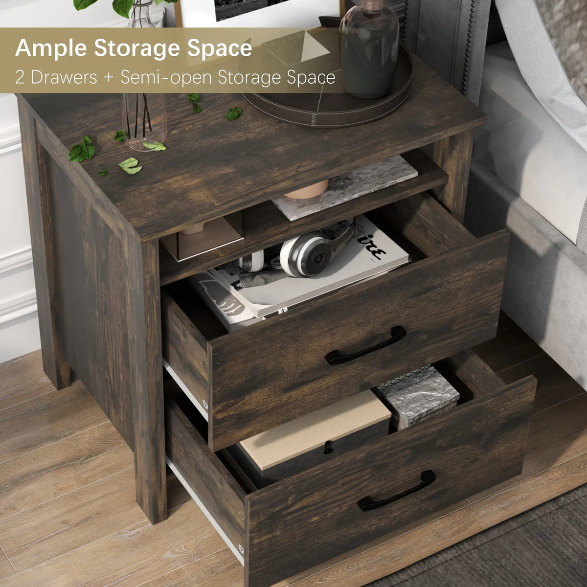 Farmhouse Nightstand with 2 Drawers, Rustic Grey Bedside Table with Open Shelf, Wooden Side End Table for Bedroom