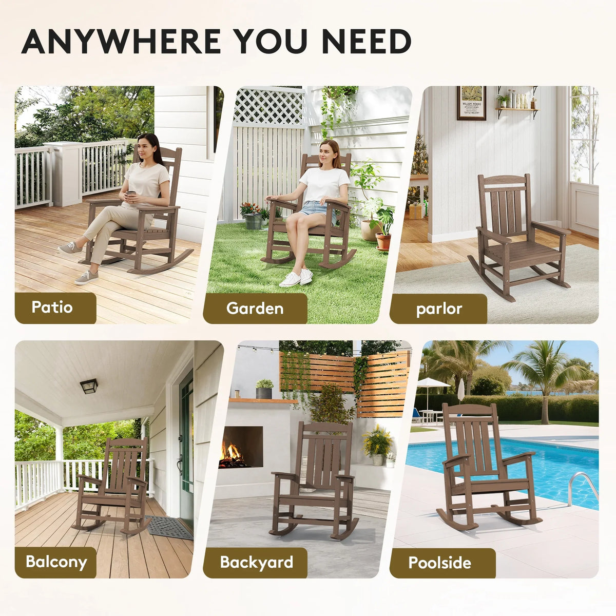 KINGYES HDPE Outdoor Rocking Chairs Set of 2,HDPE Patio Rocker for Porch,Black