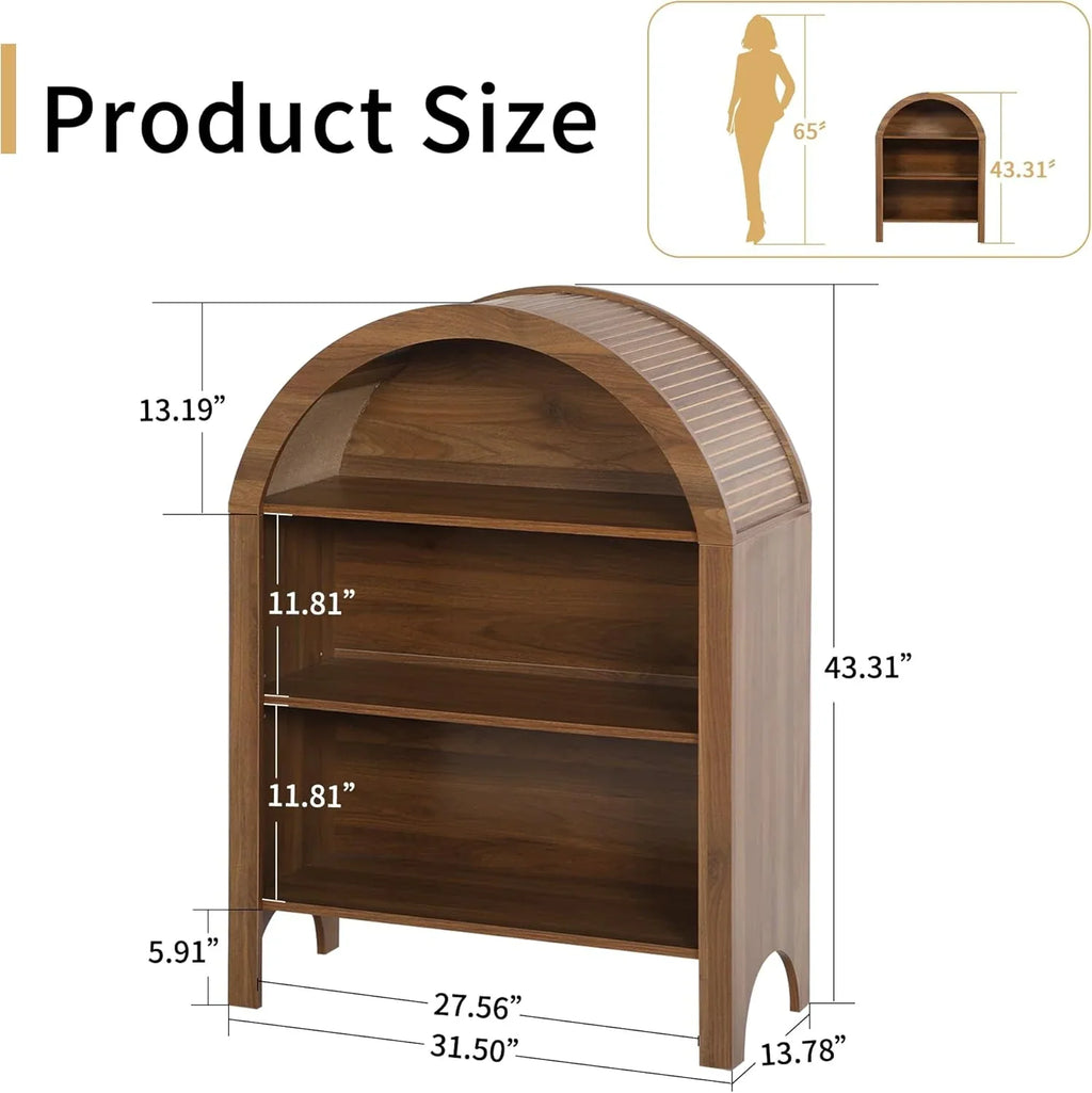 LEFHDA Small Kids Arched Bookshelf, Modern 3-Tier Open Bookshelf, Wood Freestanding Arched Bookcase with Adjustable Shelves, Covered Rounded Top Display Cabinet (Walnut)