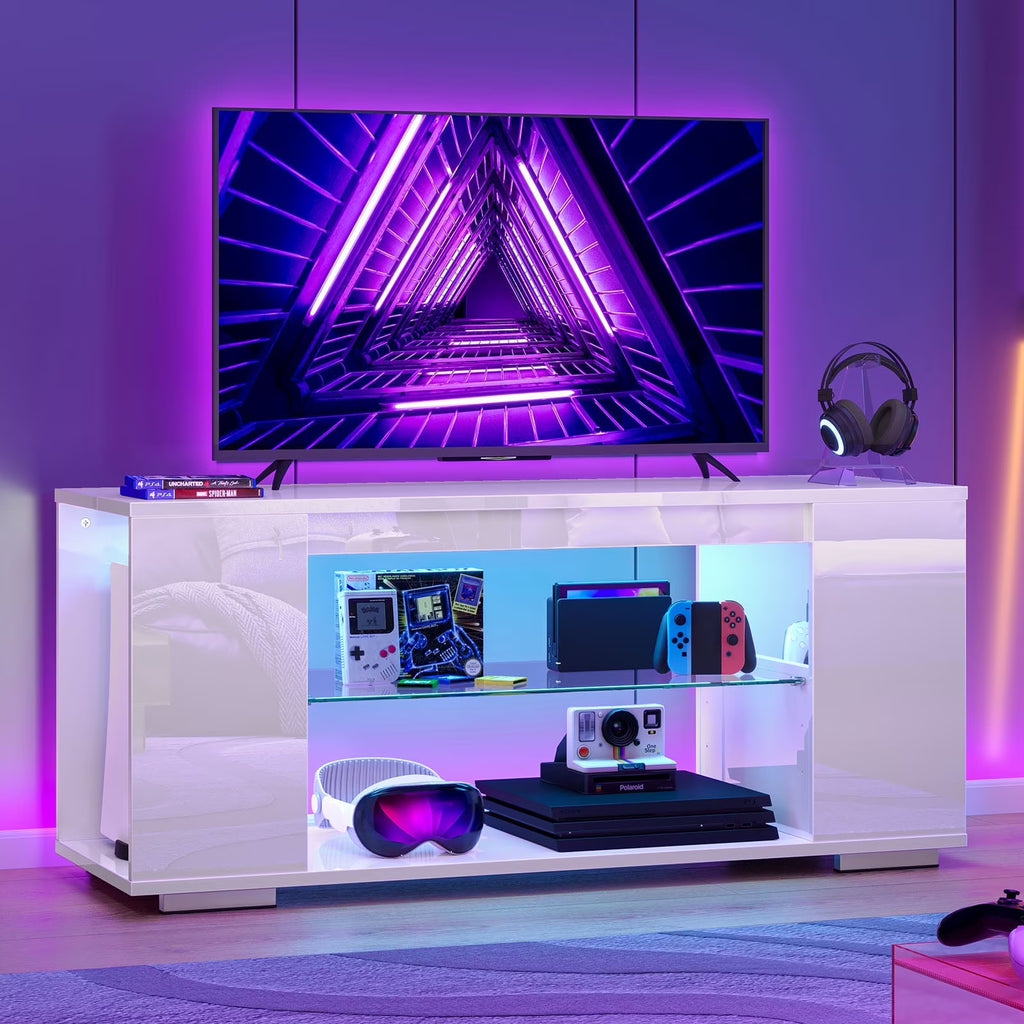 Pinmoco 47'' TV Stand for TVs up to 55", Gaming Entertainment Center with LED Lights, Black