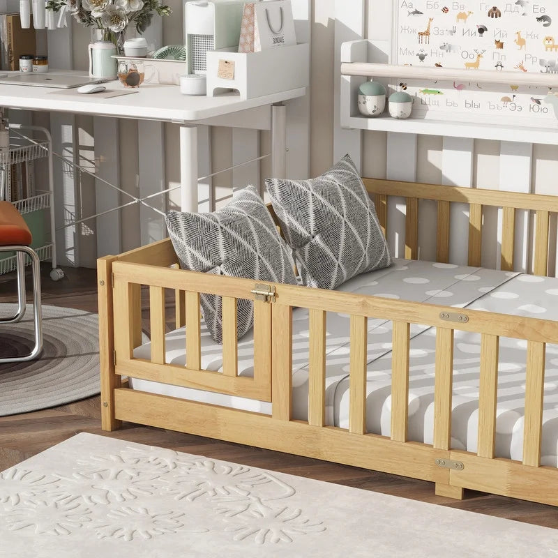 Bellemave Twin Size Floor Beds, Wood Montessori Bed with Fence Railings & Support Slats, No Box Spring Needed (Gray"