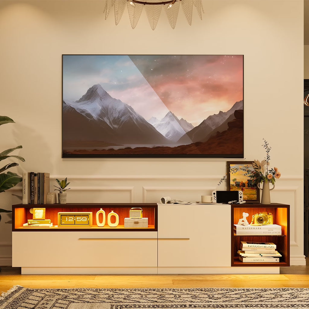 Planntonneo Mid-Century Modern Fluted TV Stand Wooden Media Console Entertainment Center for Living Room, Walnut Color
