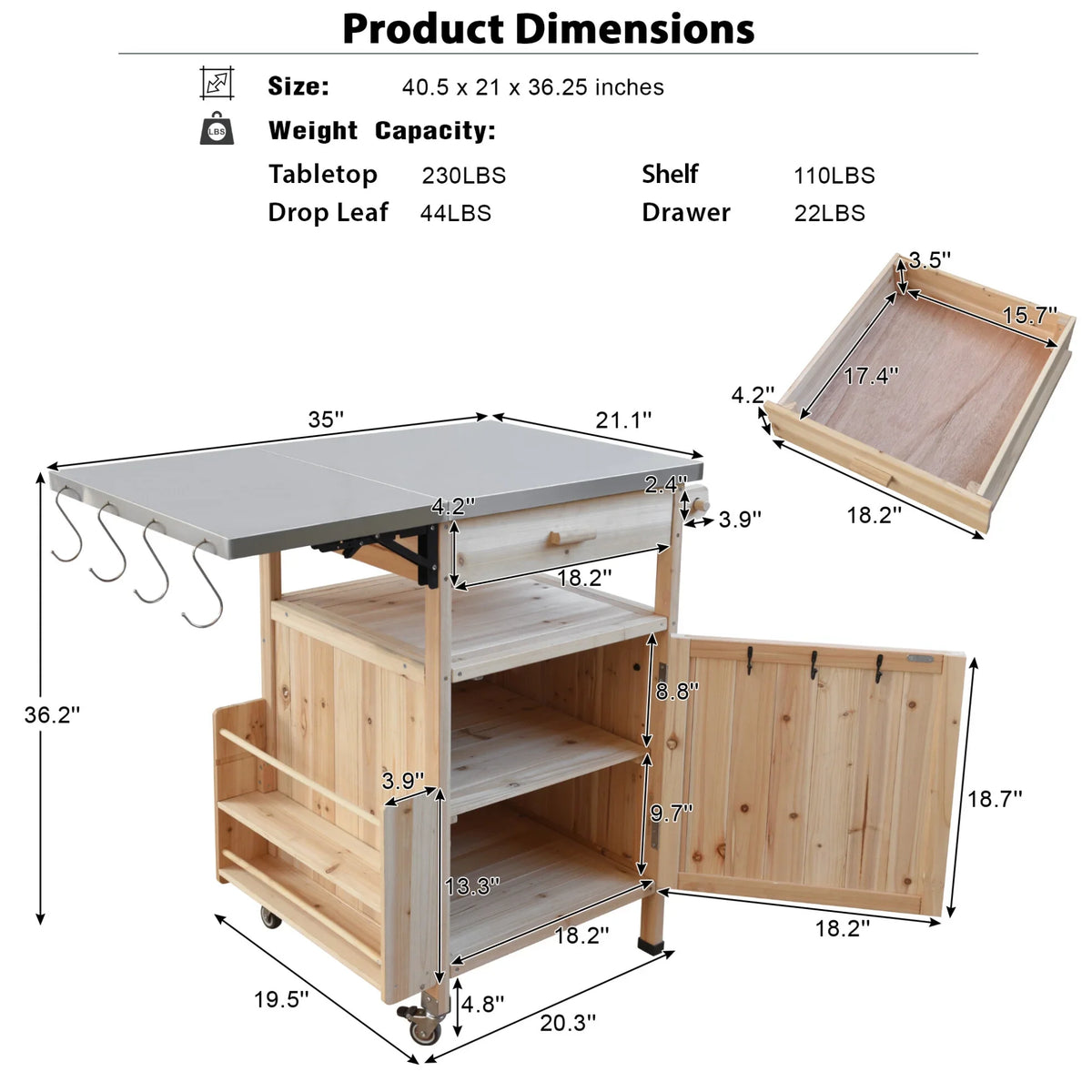 Solid Wood Outdoor Kitchen Island with Drop Leaf, Grill Table with Stainless Steel Table Top, Outdoor Bar Cart & Storage Cabinet with Lockable Wheels, Drawer, Spice Rack, Blue Grey