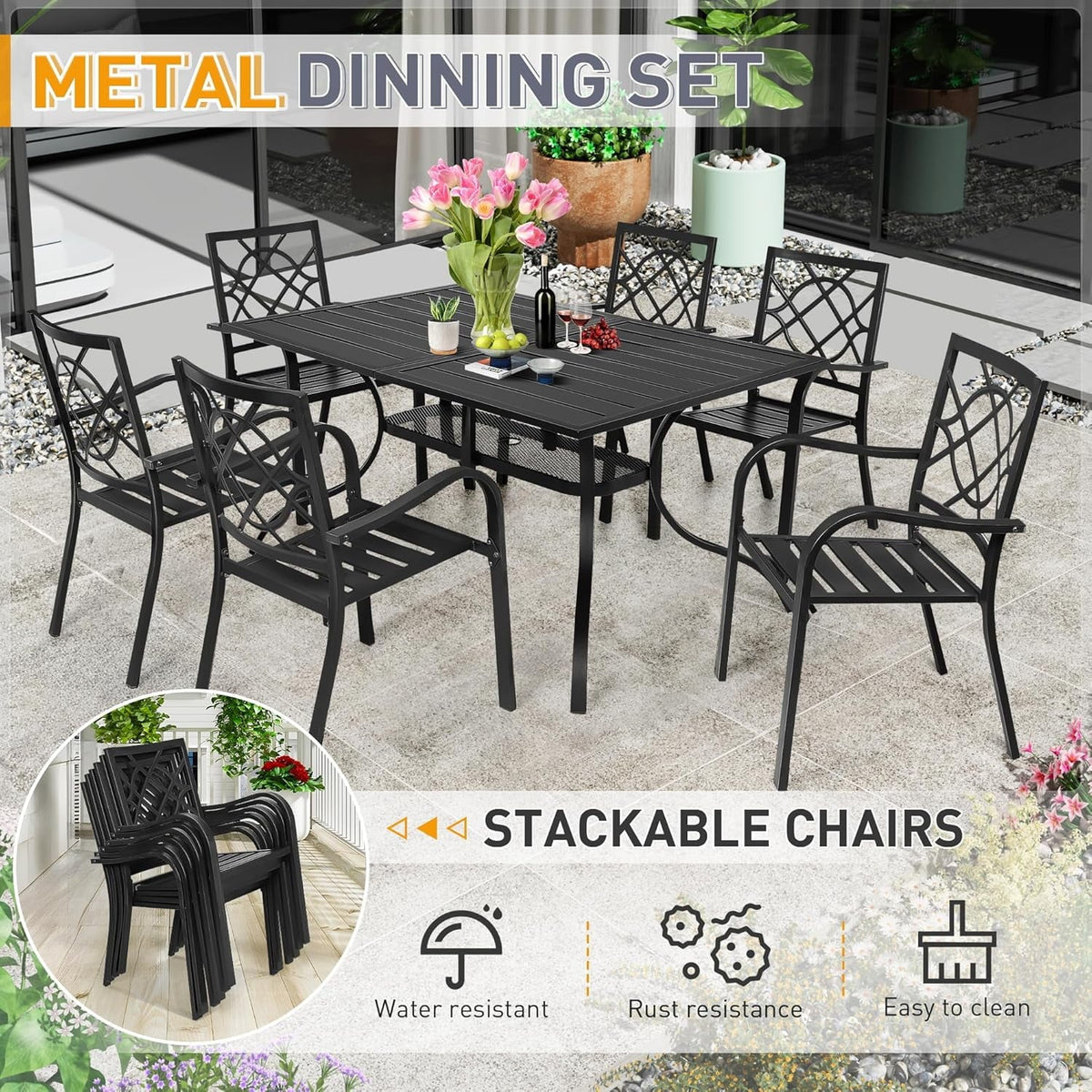 SUNCROWN 5-Piece Outdoor Wrought Iron Chairs and Table Patio Dining Furniture Set - 4 Stackable Metal Chairs, 1 Steel Slat Bistro Table and 1 Sky Blue 9Ft Patio Umbrella for Garden Backyard Deck
