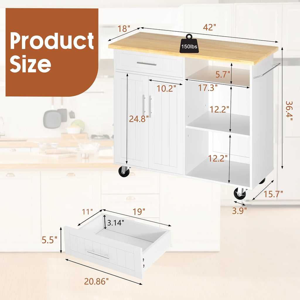 Walsunny Kitchen Island Table Stand with Storage on Wheels,Rolling Kitchen Cart Storage Cabinet with Drawer,White