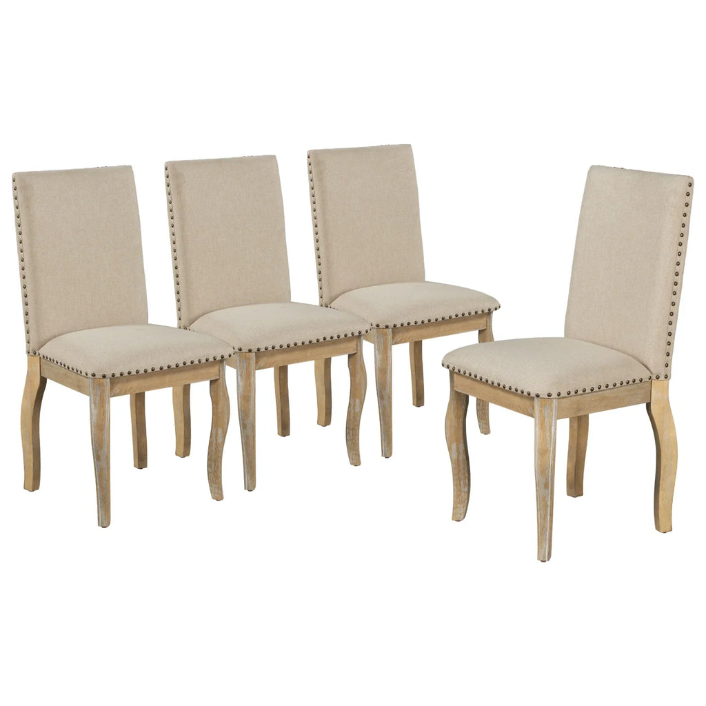 Harper & Bright Designs Round Extendable Dining Table Set for 4, 5 Piece Farmhouse Wood Dining Table Set with 4 Upholstered Dining Chairs, Natural Wood Wash