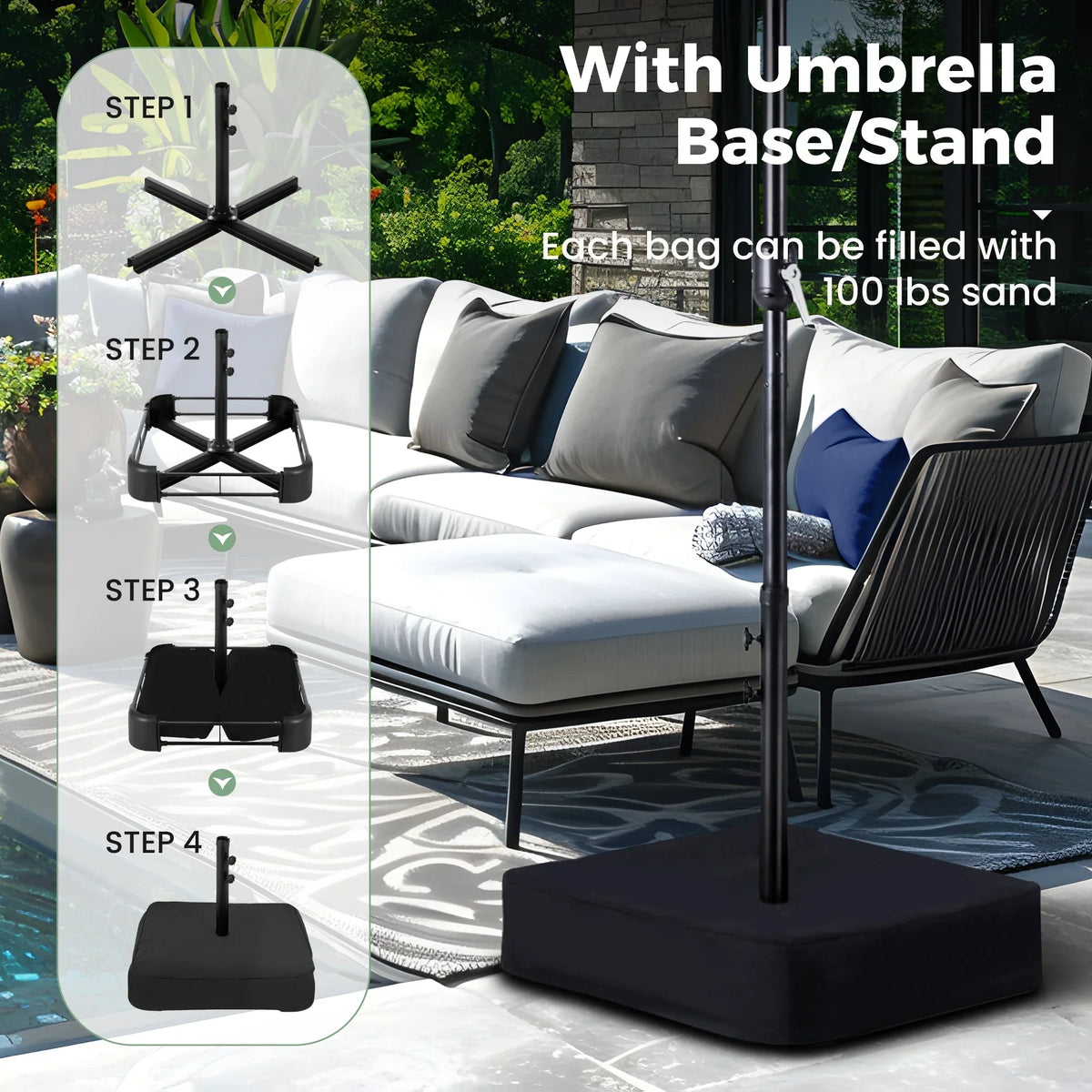 Alpha Joy 15ft Extra Large Outdoor Patio Double-Sided Umbrella with LED Solar Lights & Umbrella Base, Beige