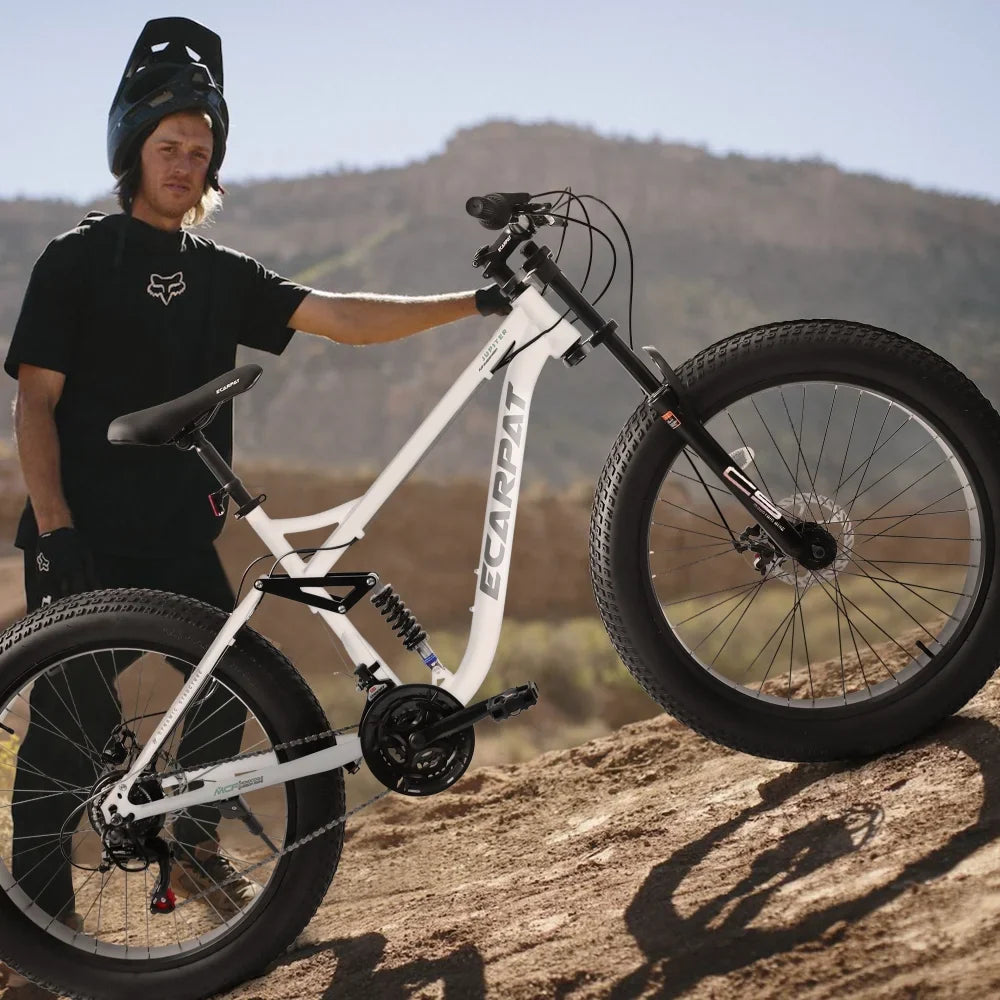 26 inch Mountain Bike for Men, 26*4" Fat Tire Mountain Bicycles,Full-Suspension 21-Speed Drivetrain with Disc Brakes