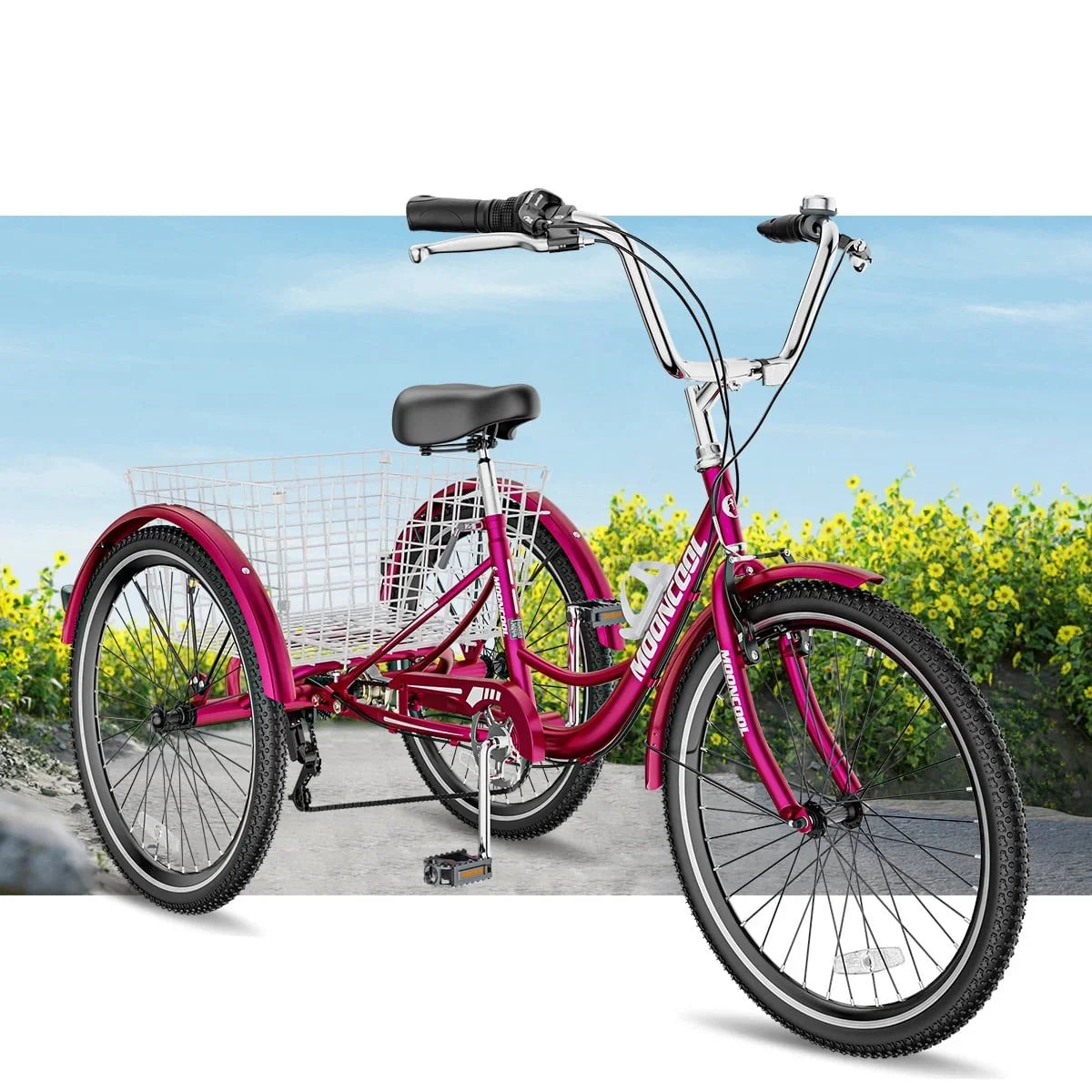 MOONCOOL Adult Tricycles with Rear Basket & Inflator, 24 26 inch 7 Speed 3 Wheel Bikes, Three-Wheeled Bicycles Adult Trike with Backrest for Seniors, Women, Men
