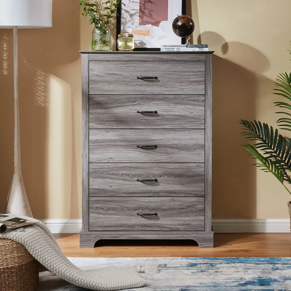 CHITOOMA 5 Drawer Dressers for Bedroom, Adult Tall Wooden Chest of Drawers, Storage Cabine for Living Room Entryway, Gray