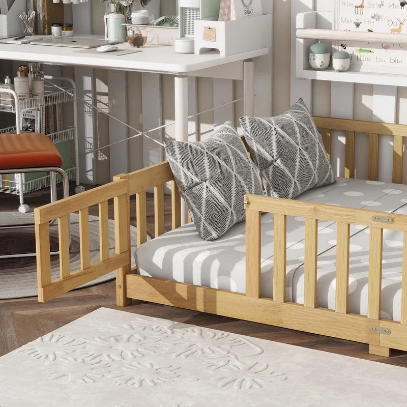 Bellemave Twin Size Floor Beds, Wood Montessori Bed with Fence Railings & Support Slats, No Box Spring Needed (Gray"