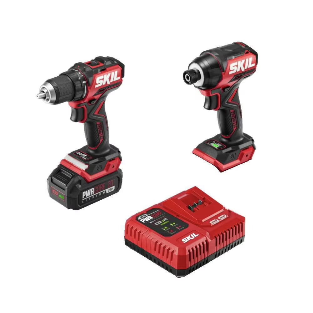 SKIL CB8437B-10 20V PWRCORE 20 Brushless Compact Lithium-Ion Cordless Drill Driver and Impact Driver Combo Kit (2 Ah)