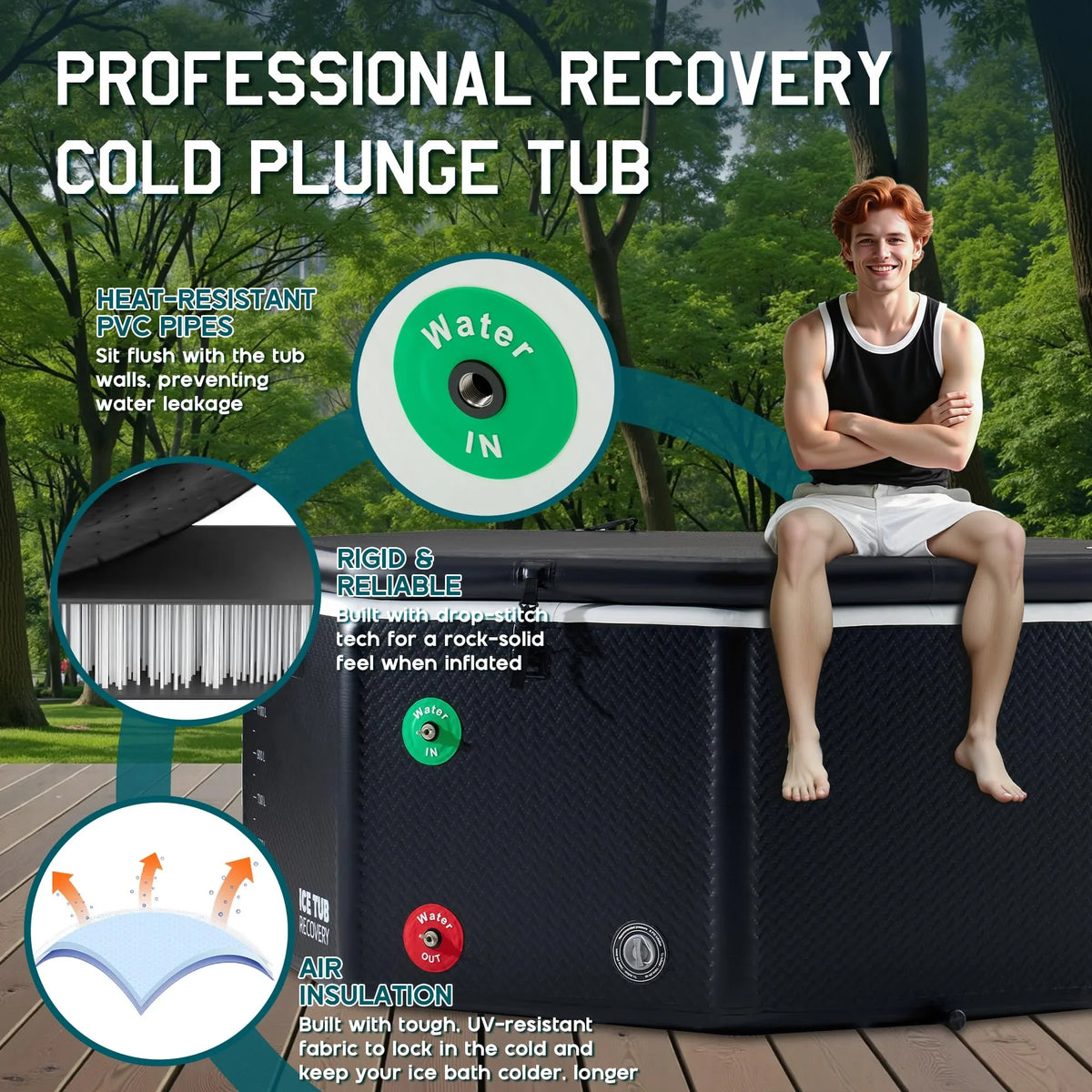 Jocisland Inflatable Cold Plunge Tub for Athletes, Ice Bath Tub with Insulated Lid Non-Slip Mat, Water Chiller Compatible, Portable for Outdoor & Indoor Recovery, 150 Gal, 59"L x 32"W x 28"H