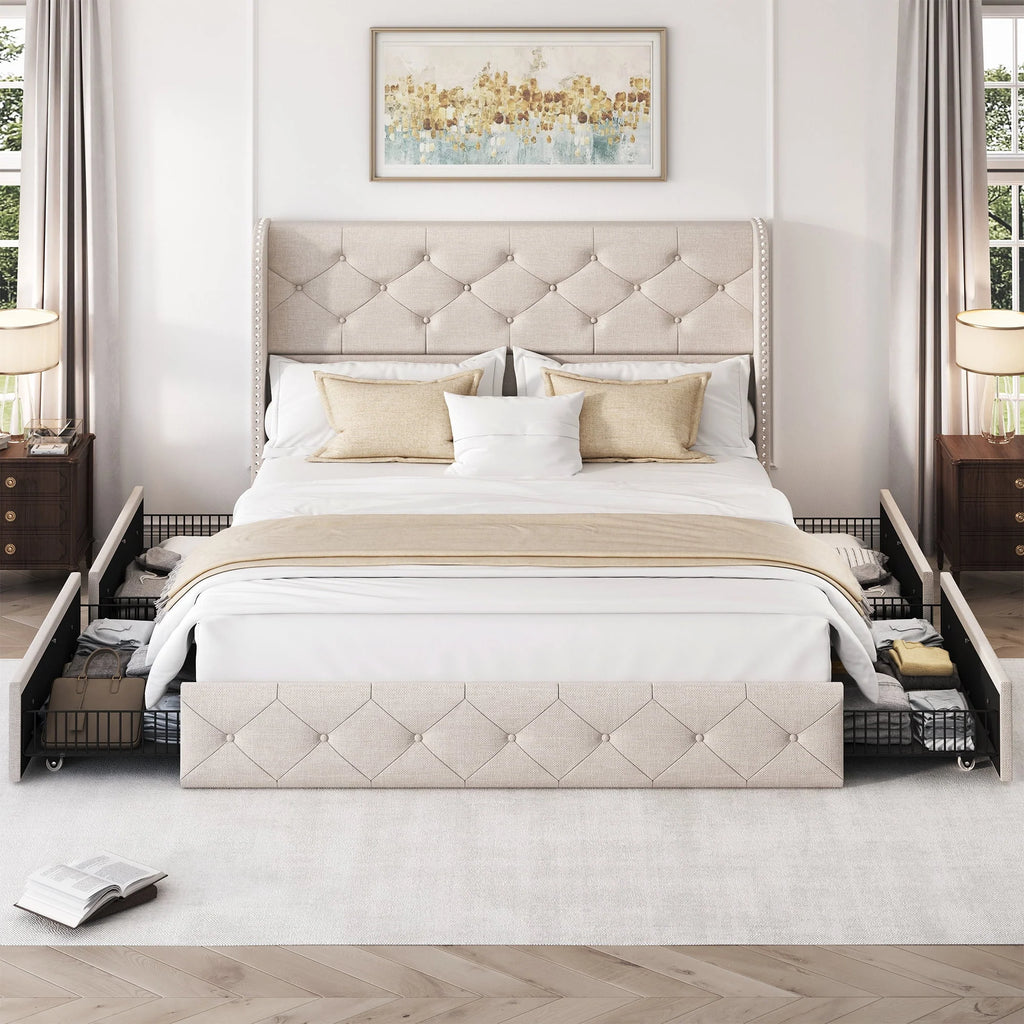 LARMACE Queen Size Platform Bed Frame with 4 Storage Drawers and Tufted Headboard Linen Upholstered Bed Wingback Bed Frame with Wooden Slats Support, Easy Assembly, Light Grey