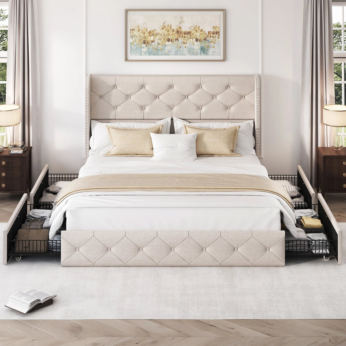 LARMACE Queen Size Platform Bed Frame with 4 Storage Drawers and Tufted Headboard Linen Upholstered Bed Wingback Bed Frame with Wooden Slats Support, Easy Assembly, Light Grey