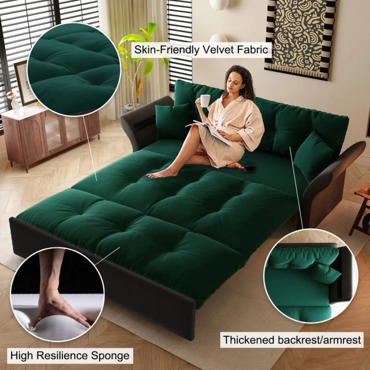 66" Queen Pull Out Sofa Bed, 3-in-1 Convertible Sleeper Sofa with Side Storage,Multi-Functional Velvet Loveseat Bed for Living Room,Bedroom