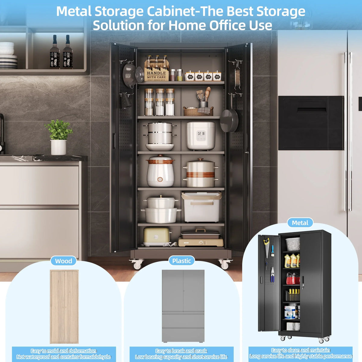 GangMei 71 inches Tall Metal Rolling Garage Storage Cabinets with Locking Doors and 5 Adjustable Shelves, Metal Storage Cabinet for Garage, Office, Home, Classroom, Assemble Required(Black)