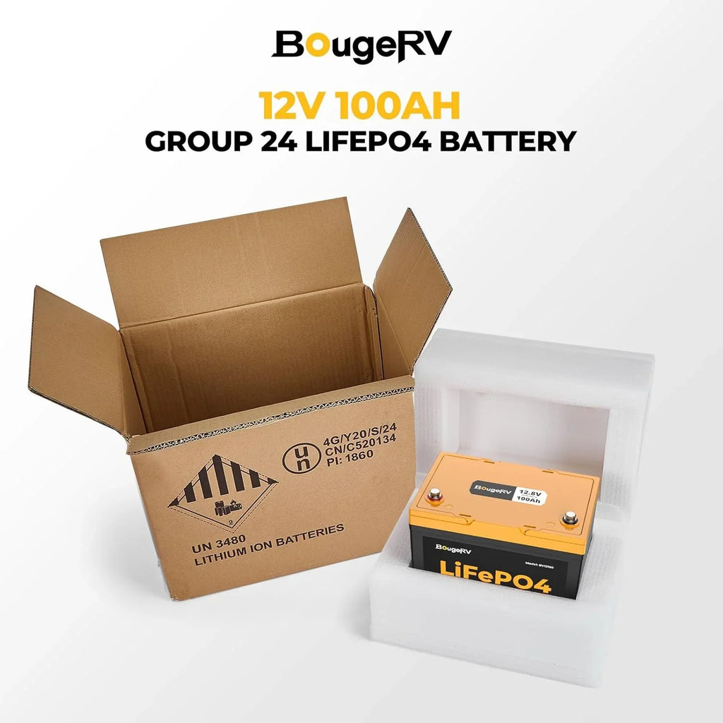 BougeRV 12V 100Ah Group 24 LiFePO4 Battery, Low-temp Cut-off 100A BMS 1280Wh Deep Cycle Battery for RV, Marine, Trolling Motor, Solar Backup Power