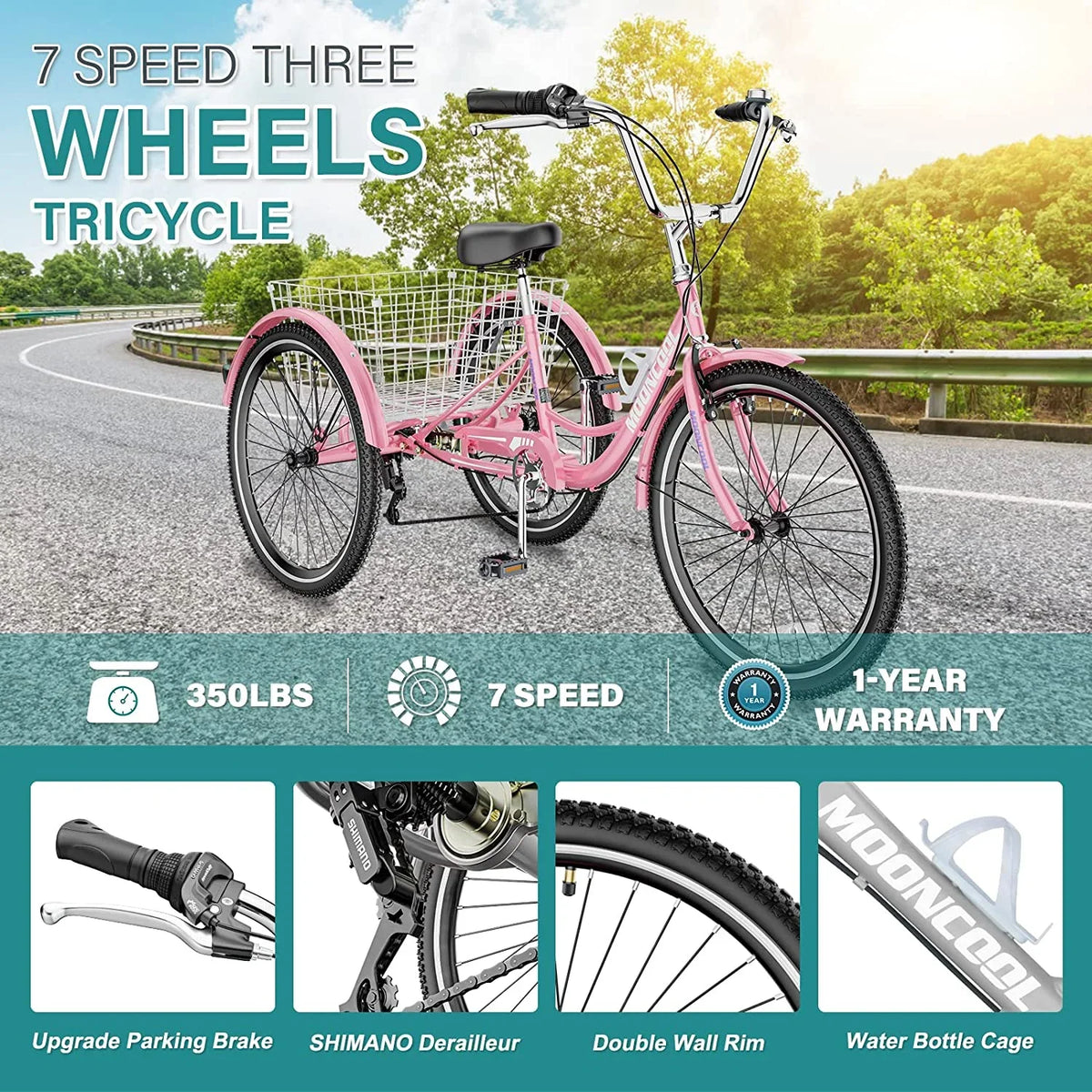 MOONCOOL Adult Tricycles with Rear Basket & Inflator, 24 26 inch 7 Speed 3 Wheel Bikes, Three-Wheeled Bicycles Adult Trike with Backrest for Seniors, Women, Men