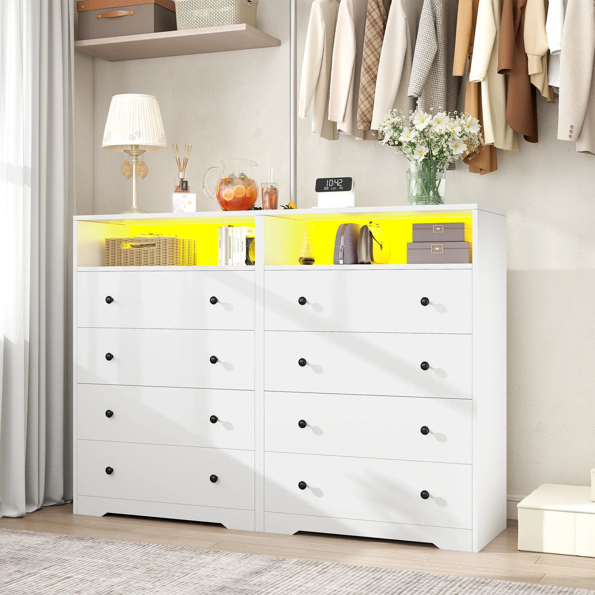 4-Drawer Black Wood Dresser with LED Lights,Modern Chest of Drawers for Bedroom,Living Room