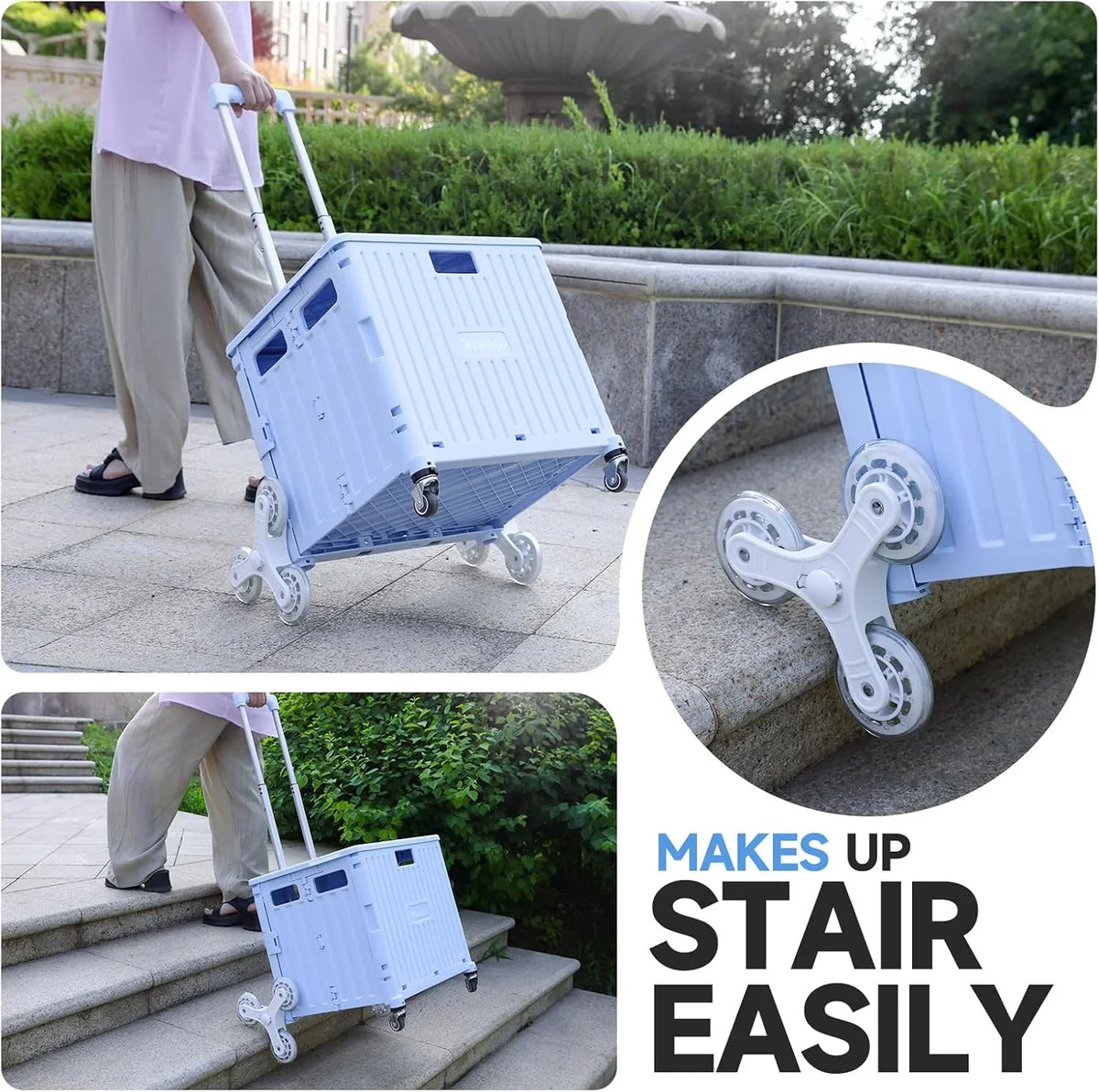 Collapsible Rolling Crate for Stair Climbing: Rolling Cart for Shopping Teacher Laundry (Milky White)