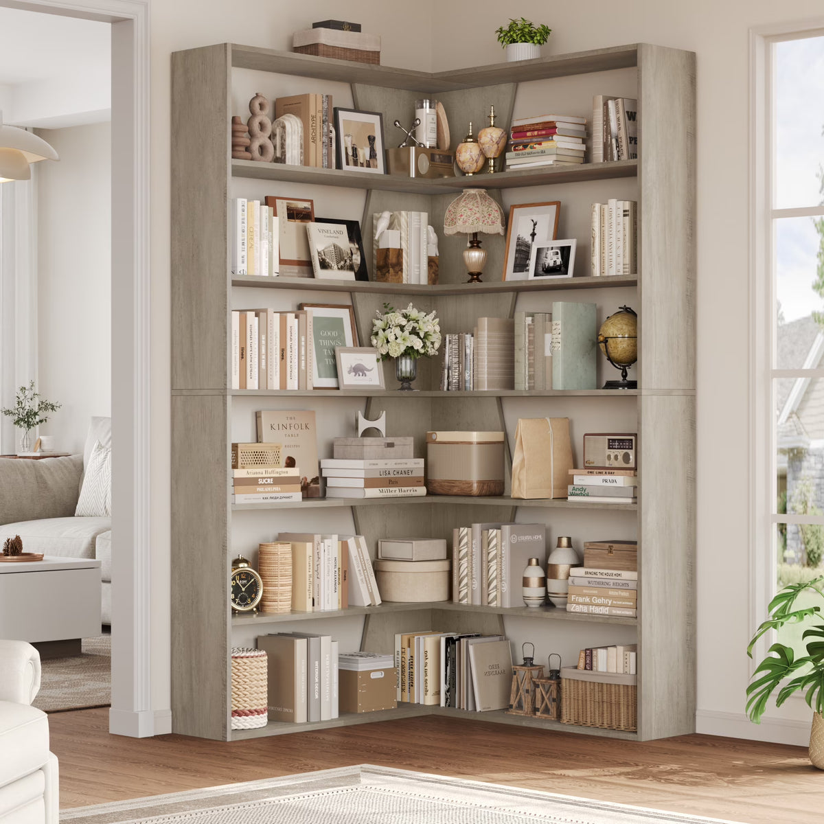 Homfa 6-Tier Corner Bookcase, L-Shaped Bookshelf with Baffle, Storage Display Rack for Office Living Room, Gray